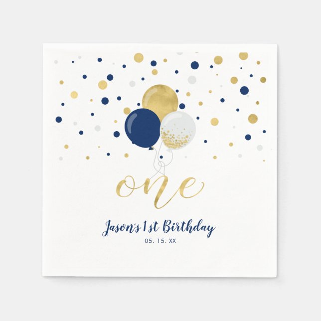 Gold & Navy | Balloons, Confetti Boy 1st Birthday Napkins (Front)