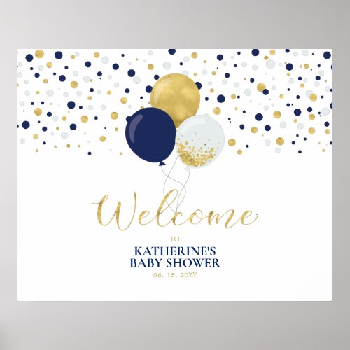 Gold  Navy Balloons Modern Baby Shower Welcome Poster