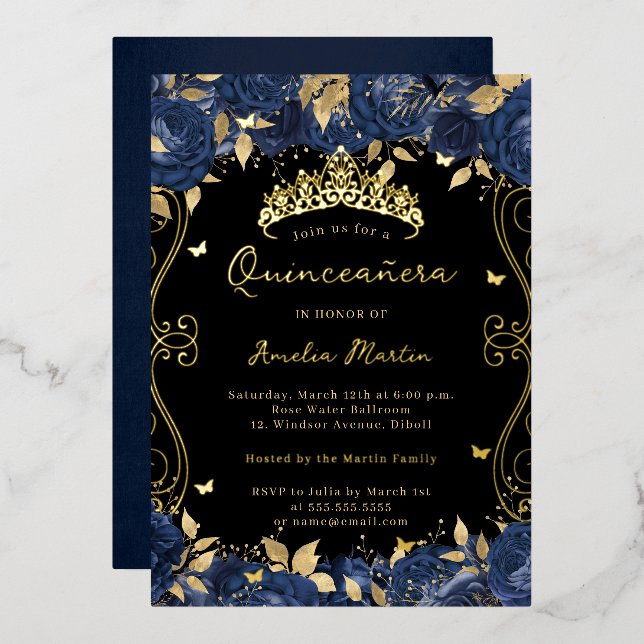 Gold Navy Black Swirl Scroll Floral Quinceanera  Foil Invitation (Front/Back)