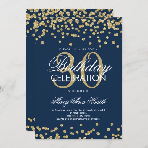 Gold Navy Blue 30th Birthday Glitter Confetti Invitation