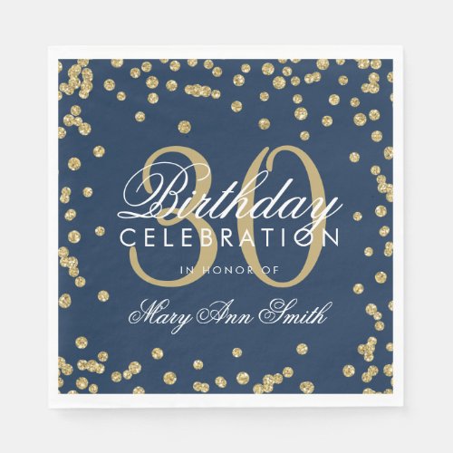 Gold Navy Blue 30th Birthday Glitter Confetti Napkins