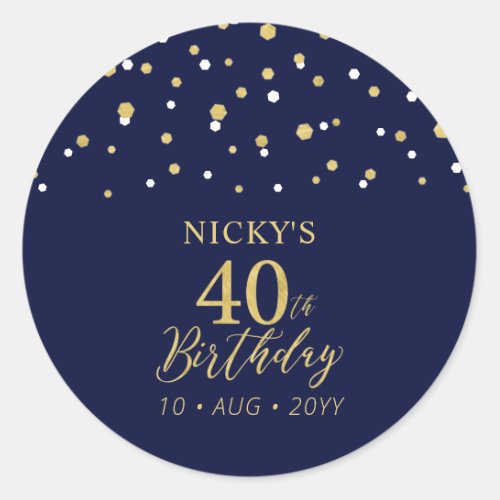Gold  Navy Blue 40th Birthday Favor Thank you Classic Round Sticker