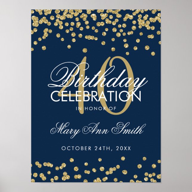 Gold Navy Blue 40th Birthday Glitter Confetti Poster (Front)