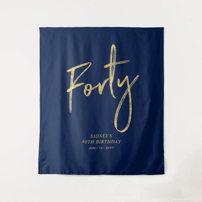 Gold & Navy Blue 40th Birthday Party Backdrop (Front)
