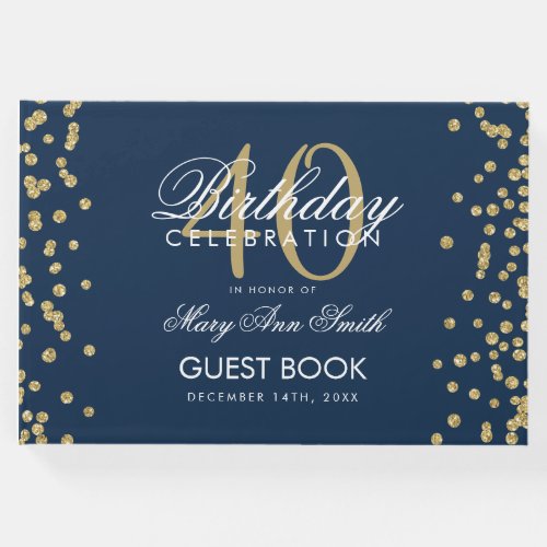 Gold Navy Blue 40th Birthday Party Confetti Guest Book