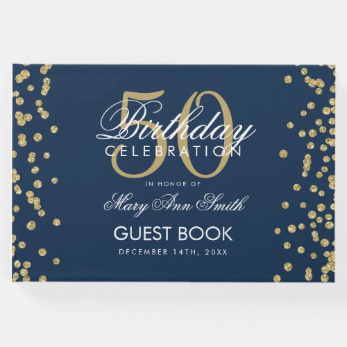 Gold Navy Blue 50 Birthday Party Glitter Confetti Guest Book