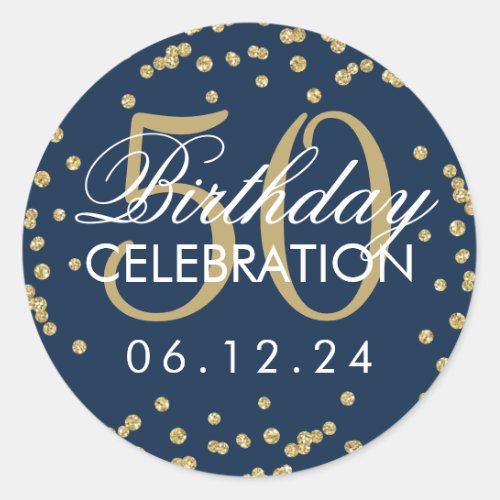 Gold Navy Blue 50th Birthday Glitter Confetti Classic Round Sticker