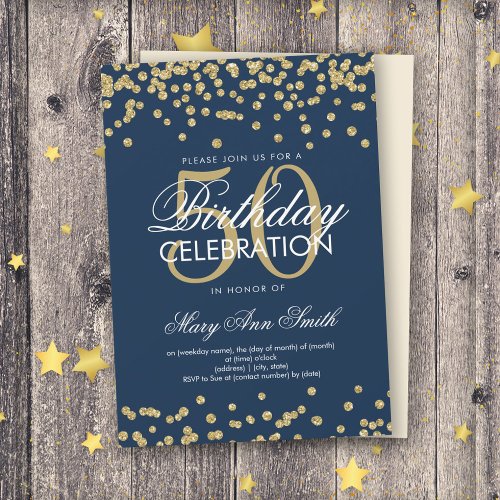 Gold Navy Blue 50th Birthday Glitter Confetti Invitation
