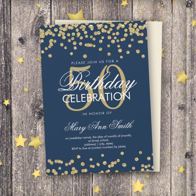 Gold Navy Blue 50th Birthday Glitter Confetti Invitation