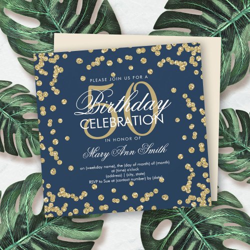 Gold Navy Blue 50th Birthday Glitter Confetti Invitation