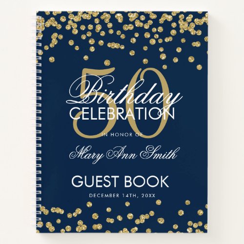 Gold Navy Blue 50th Birthday Guestbook Confetti Notebook