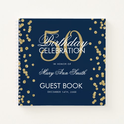 Gold Navy Blue 50th Birthday Guestbook Confetti Notebook