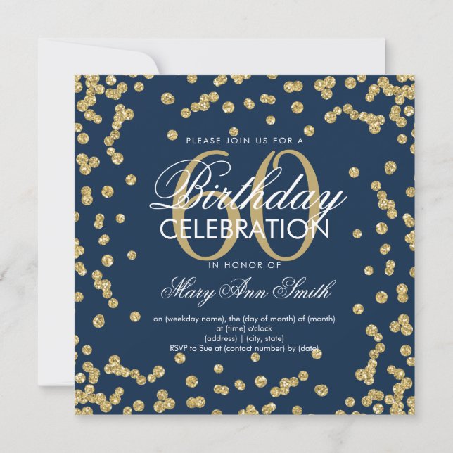 Gold Navy Blue 60th Birthday Glitter Confetti Invitation (Front)