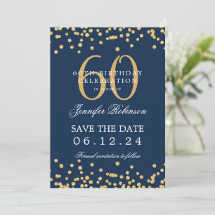 Gold Navy Blue 60th Birthday Save the Date Details Invitation