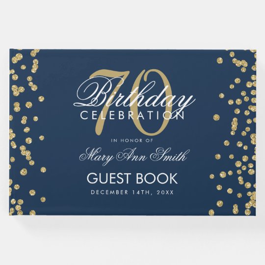 gold-navy-blue-70th-birthday-glitter-confetti-guest-book-zazzle