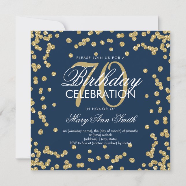 Gold Navy Blue 70th Birthday Glitter Confetti Invitation (Front)