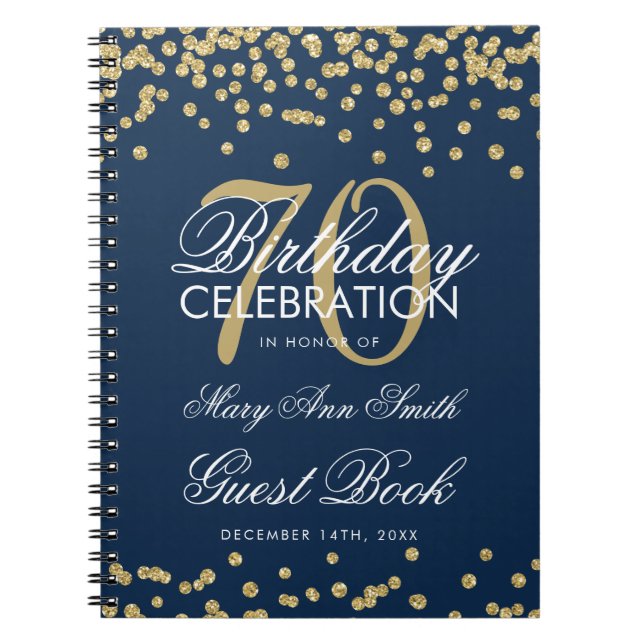 Gold Navy Blue 70th Birthday Guest Book Confetti (Front)