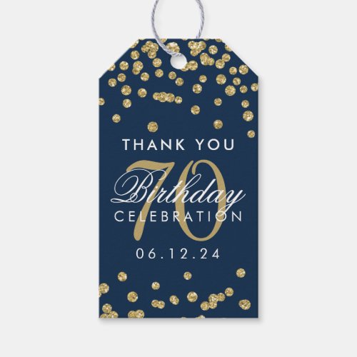 Gold Navy Blue 70th Birthday Thank You Confetti Gift Tags