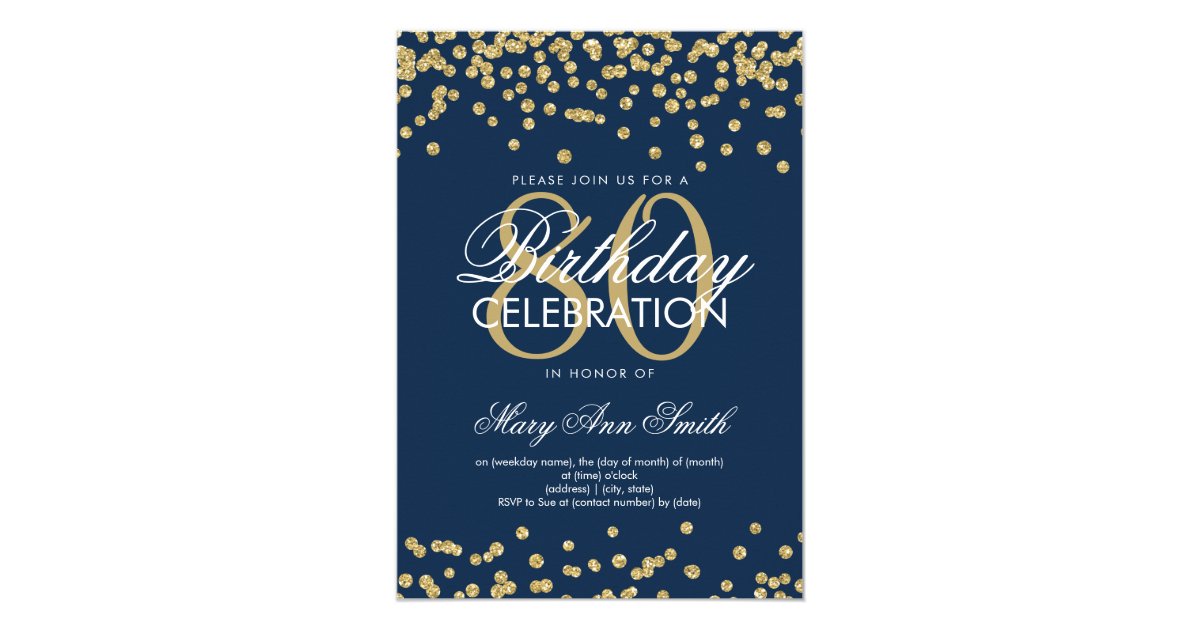 Gold Navy Blue 80th Birthday Glitter Confetti Invitation | Zazzle.com