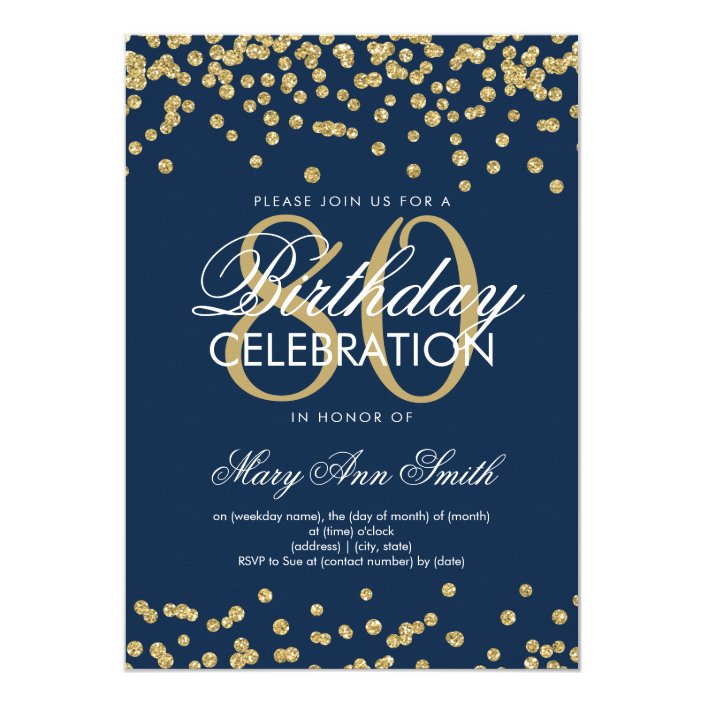Gold Navy Blue 80th Birthday Glitter Confetti Invitation | Zazzle.com