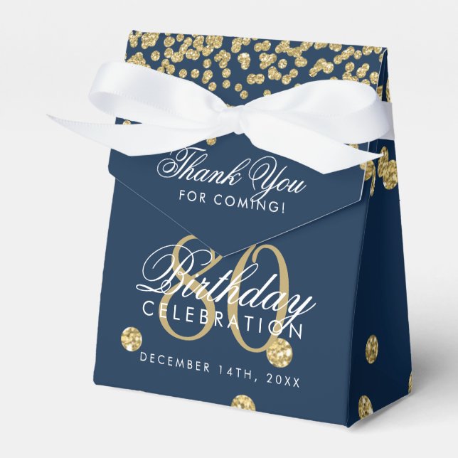 Gold Navy Blue 80th Birthday Thank You Confetti Favor Boxes (Front Side)