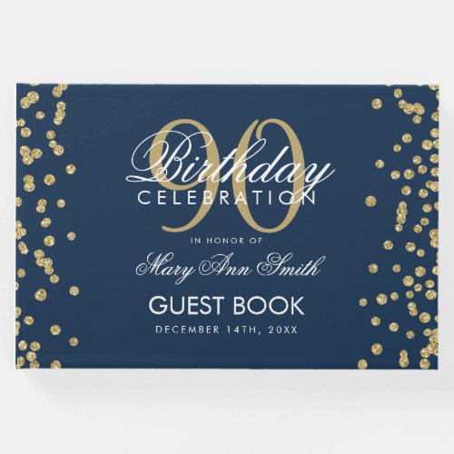 Gold Navy Blue 90th Birthday Glitter Confetti Guest Book