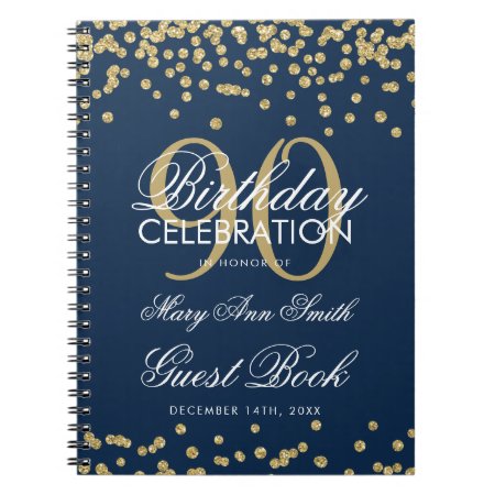 Gold Navy Blue 90th Birthday Guest Book Confetti