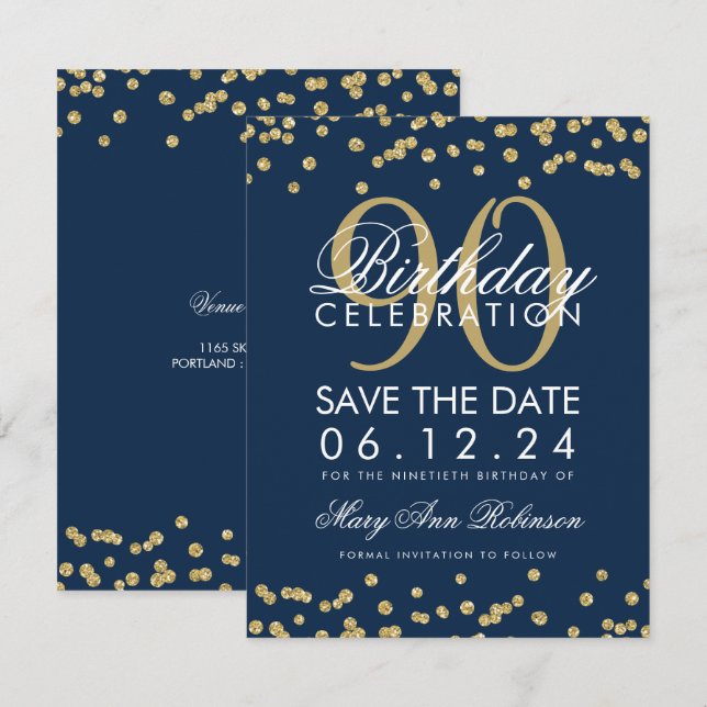 Gold Navy Blue 90th Birthday Save Date Confetti Invitation (Front/Back)