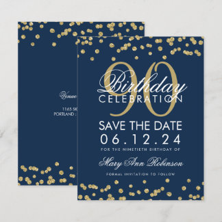 Gold Navy Blue 90th Birthday Save Date Confetti Invitation