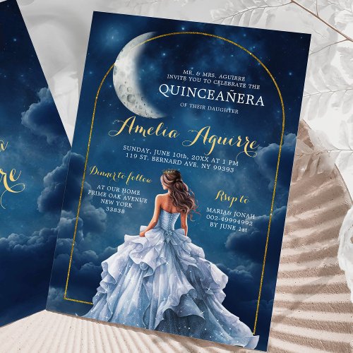 Gold Navy Blue A Night Under the Stars Quinceaera Invitation