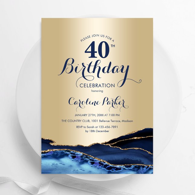 Gold Navy Blue Agate 40th Birthday Invitation (Creator Uploaded)