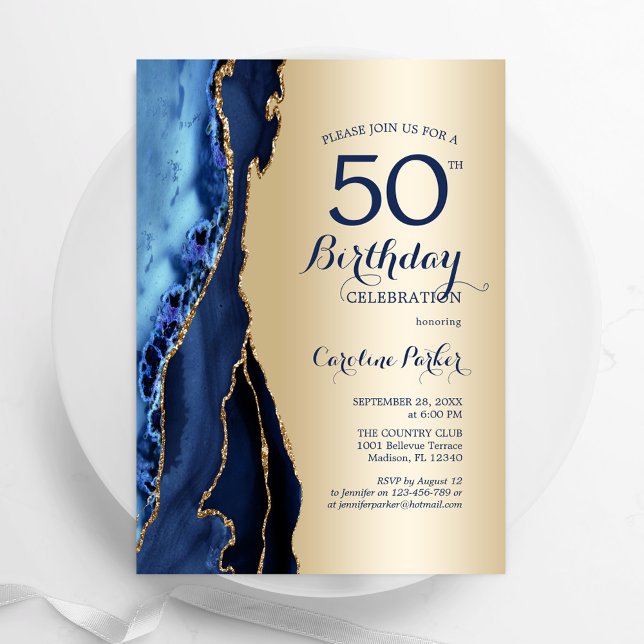 Gold Navy Blue Agate 50th Birthday Invitation (Creator Uploaded)