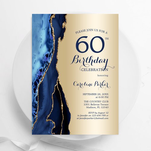 Gold Navy Blue Agate 60th Birthday Invitation