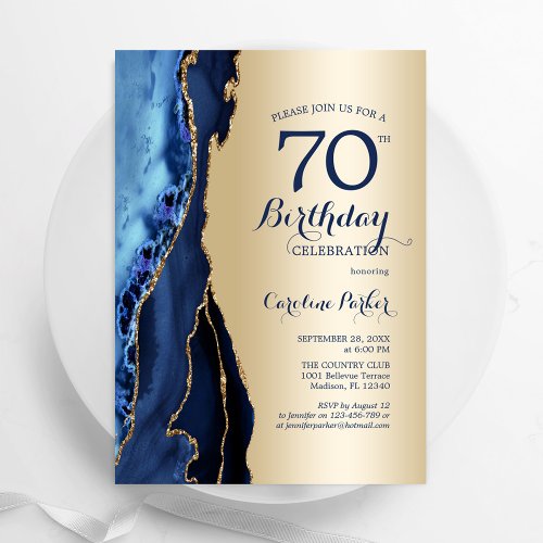 Gold Navy Blue Agate 70th Birthday Invitation