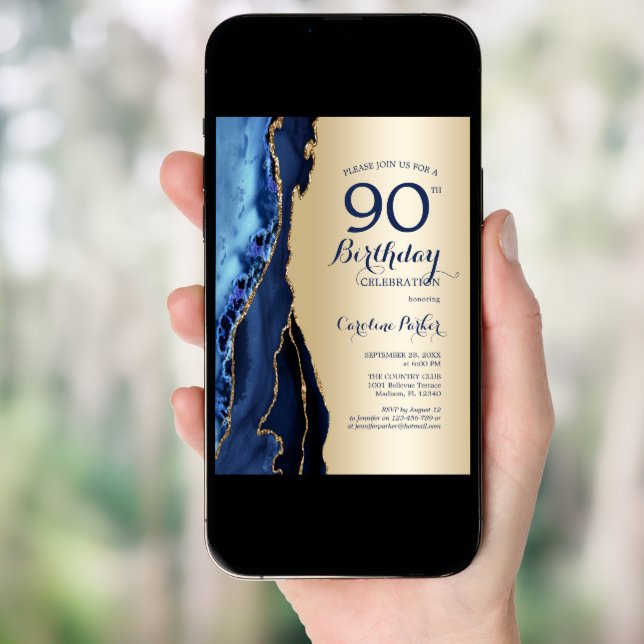 Gold Navy Blue Agate 90th Birthday Invitation (Front Digital)