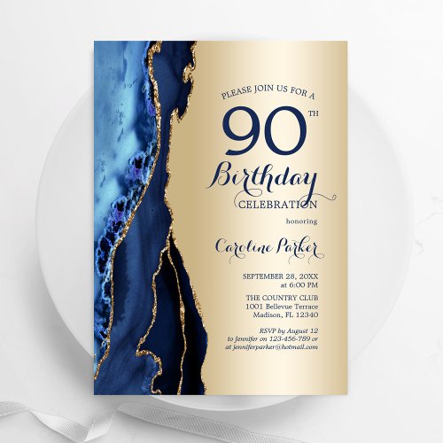 Gold Navy Blue Agate 90th Birthday Invitation