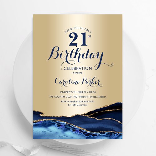 Gold Navy Blue Agate Marble 21st Birthday Invitation