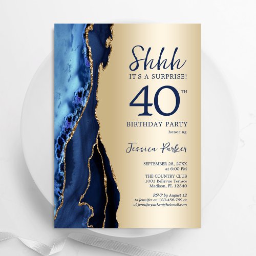 Gold Navy Blue Agate Surprise 40th Birthday Invitation