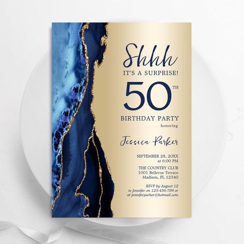 Gold Navy Blue Agate Surprise 50th Birthday Invitation