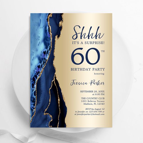 Gold Navy Blue Agate Surprise 60th Birthday Invitation