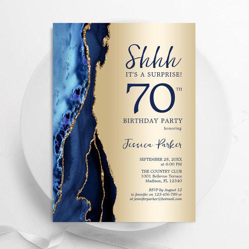 Gold Navy Blue Agate Surprise 70th Birthday Invitation