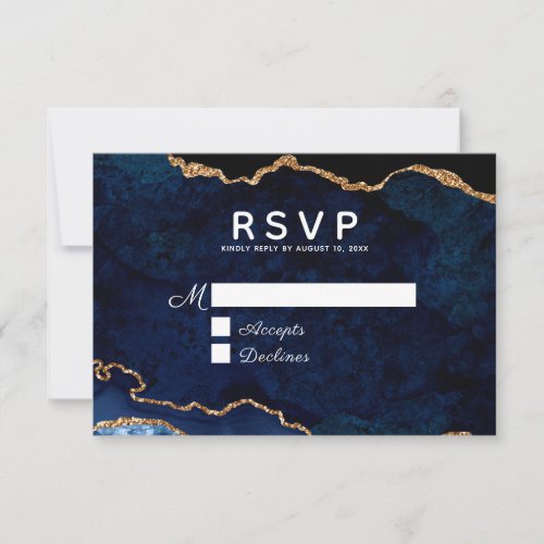 Gold Navy Blue Agate Wedding RSVP Card