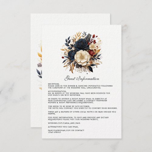 Gold Navy Blue and Burgundy Floral Guest Details Enclosure Card