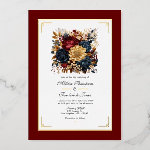 Gold Navy Blue and Burgundy Floral Wedding Foil Invitation