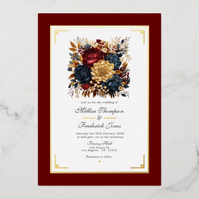 Gold, Navy Blue, and Burgundy Floral Wedding Foil Invitation (Front)