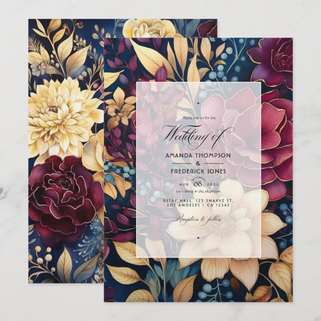 Gold, Navy Blue, and Burgundy Floral Wedding Invitation (Front/Back)