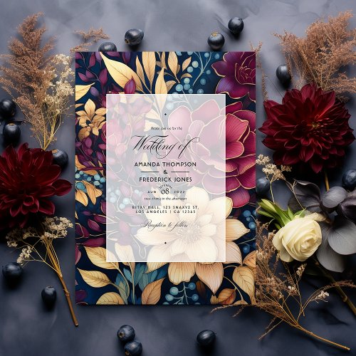 Gold Navy Blue and Burgundy Floral Wedding Invitation