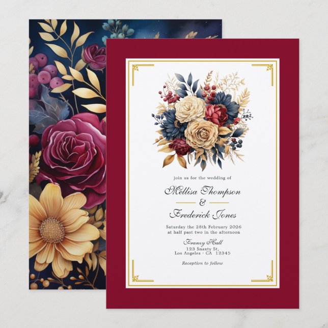 Gold, Navy Blue, and Burgundy Floral Wedding Invitation (Front/Back)