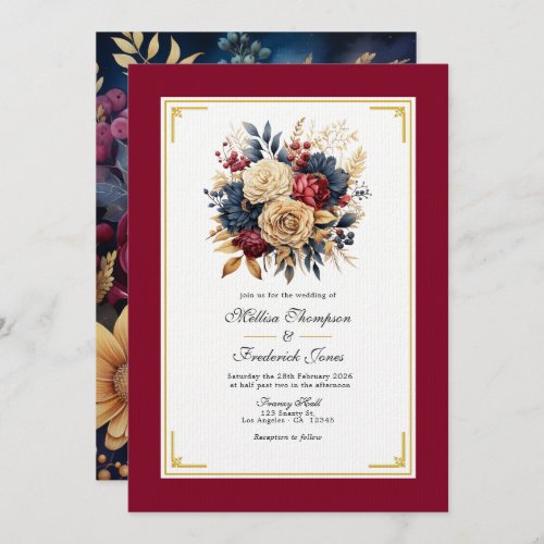 Gold Navy Blue and Burgundy Floral Wedding Invitation