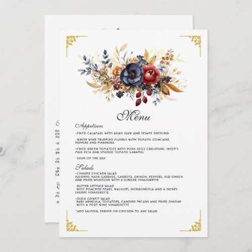 Gold Navy Blue and Burgundy Floral Wedding Menu